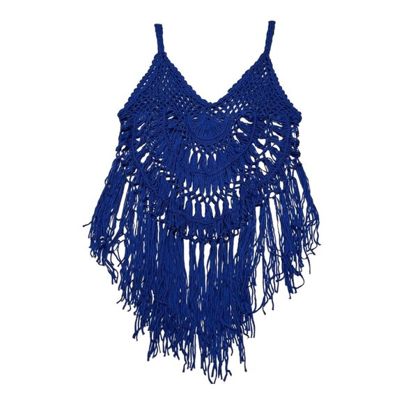 Ekouaer Beach Top Women L Blue Crochet Tank‎ Fringe Coverup Boho Hippie Festival - Picture 1 of 8